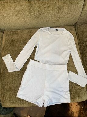 SHEIN Light Blue Textured Long Sleeve Crop Top and Shorts Set